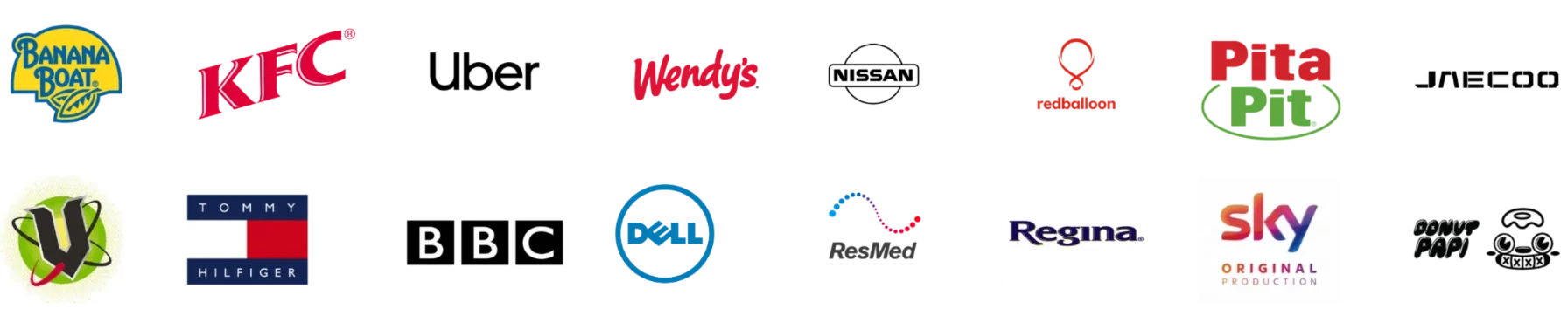Brand logos of Gamify clients including KFC, Uber, Wendy's, Nissan, RedBalloon, Pita Pit, JAECOO, Banana Boat, Tommy Hilfiger, BBC, Dell, ResMed, Regina, Sky and Donut Papi